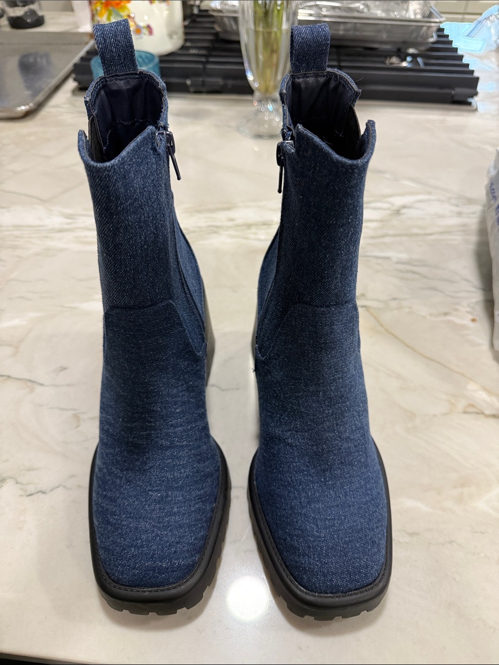 Women's Navy Denim Ankle Boots - Stylish Pull-On Chelsea